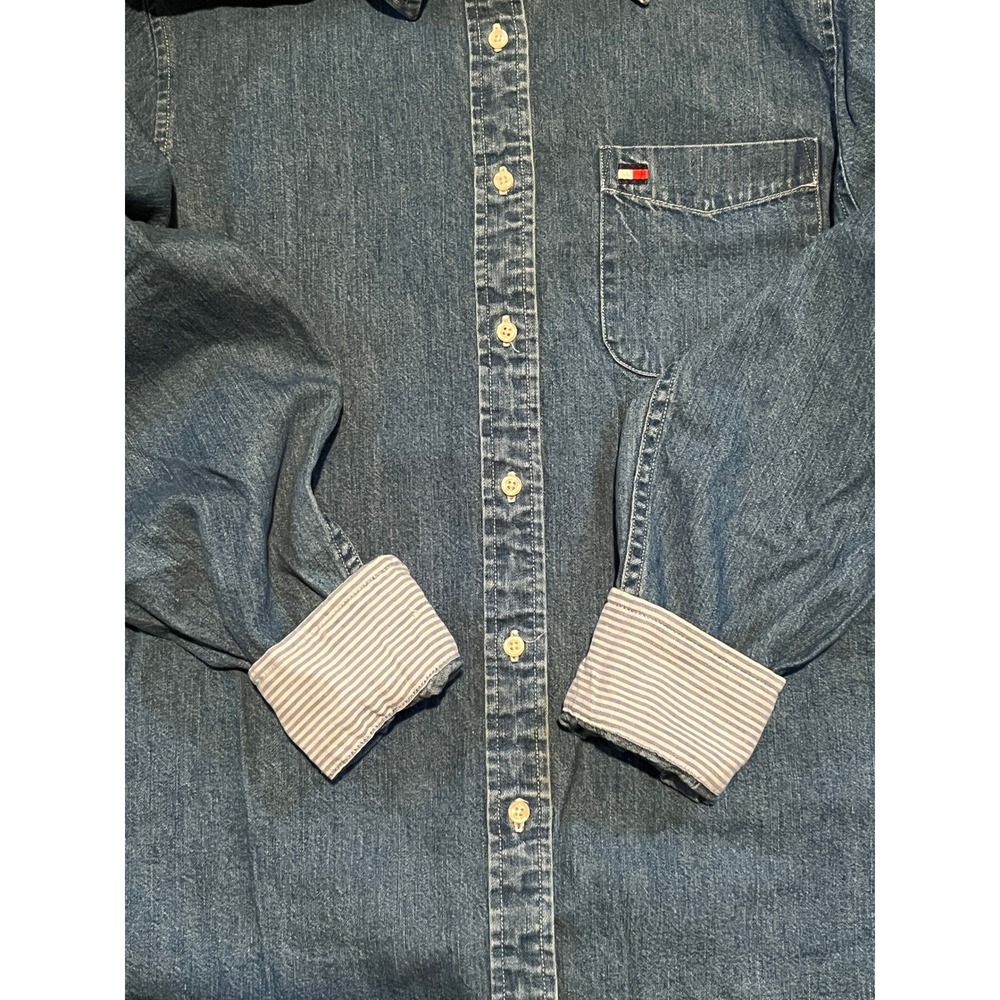Tommy Hilfiger Denim Shirt Women 8 Blue Button Down Long Sleeve Striped Cuff 90s - Picture 5 of 8